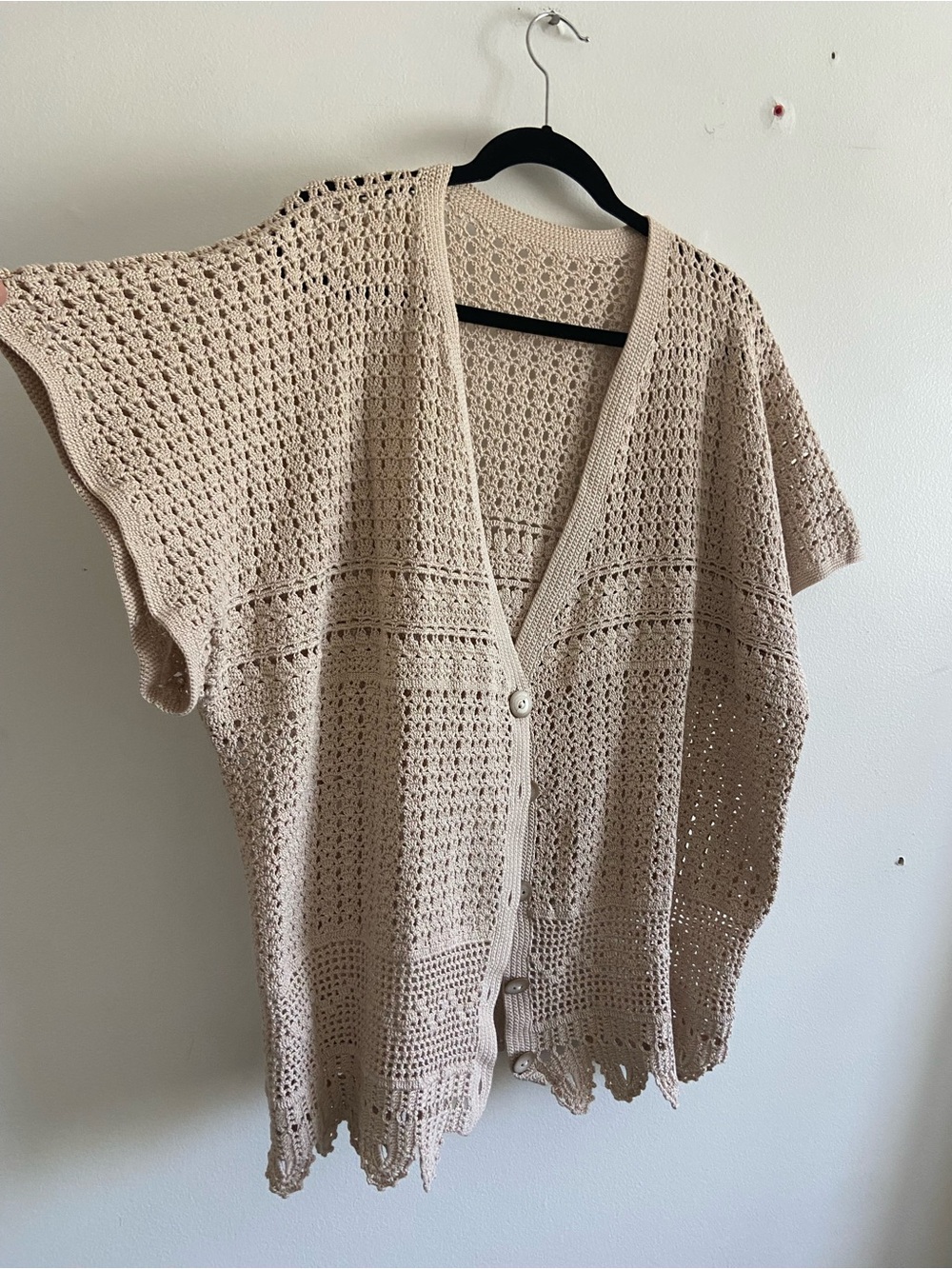 Beige Crochet Button-Front Women's Sweater Cardigan Oversized Large 100% Cotton - Picture 2 of 5
